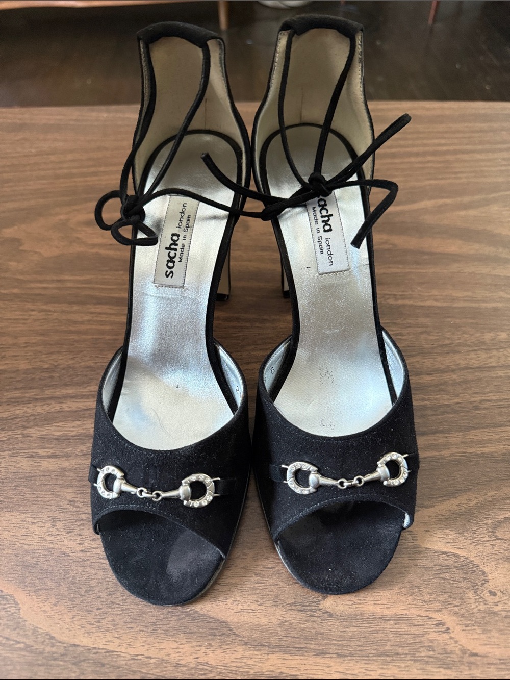 Sacha London Black Suede Open-Toe Heels with Silver Bit